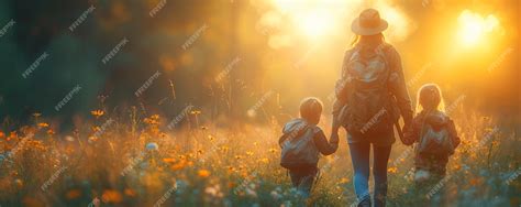 Premium Photo | Image Of A Mother And Her Kids Going On Nature Background