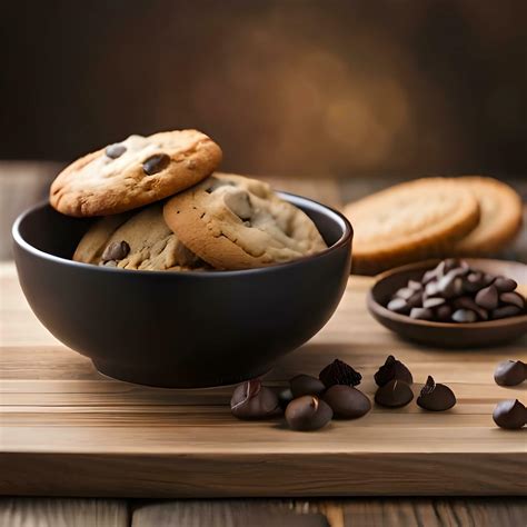 chocolate chip cookie in a plate at wooden table, generative Ai art ...