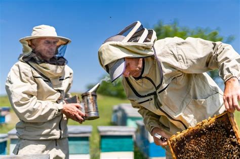 Premium Photo Two Men In Bee Suits Are Inspecting A Beehive Two Men