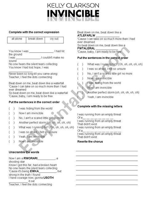 Kelly Clarkson Invincible - ESL worksheet by madandelion