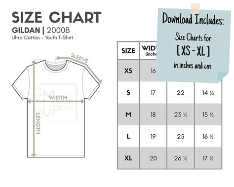 Gildan 2000B Youth T-shirt Size Chart inches/cm Digital Size Chart ...