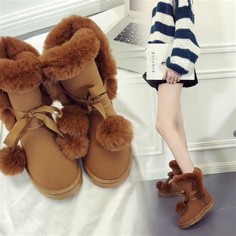 Buy Warm Fur Women Snow Boots Cute Suede Winter Shoes Ball Mid Calf