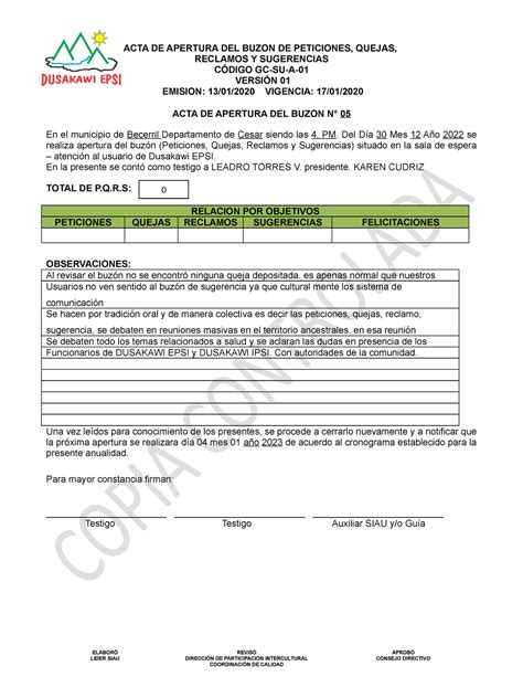 ACTA DE Apertura DEL Buzon DE Sugerencias GC SU A 01 ACTA DE APERTURA