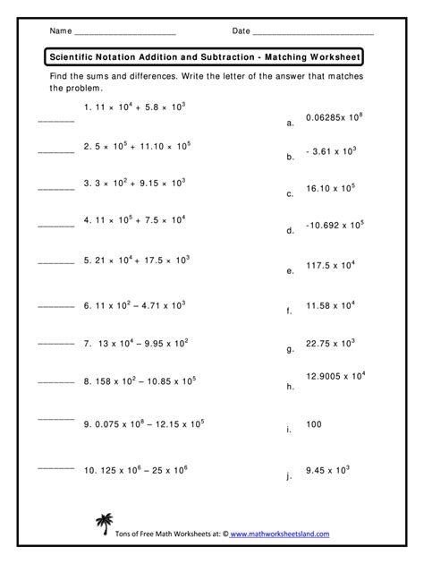 Fillable Online Scientific Notation Addition And Subtraction Matching Worksheet Fax Email Print