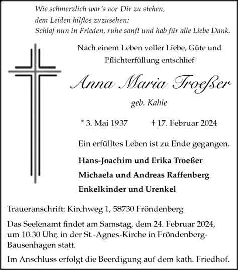 Traueranzeigen Von Anna Maria Troe Er Sich Erinnern De