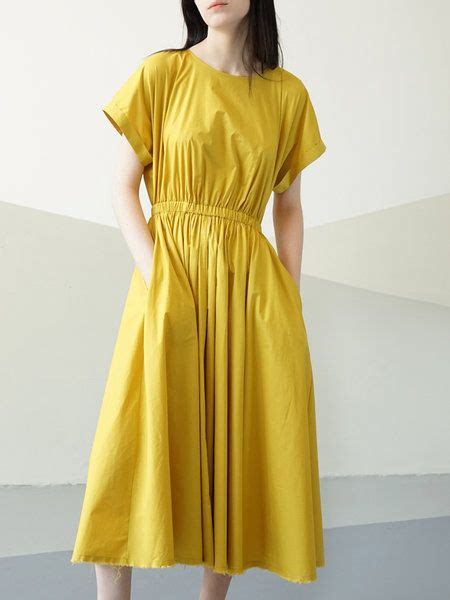 Yellow Cotton Short Sleeve A Line Midi Dress