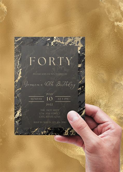 Editable Black And Gold Birthday Invitation Black Marble Etsy