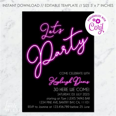 Neon Lets Party Birthday Invitation Template Neon Glow In The Dark