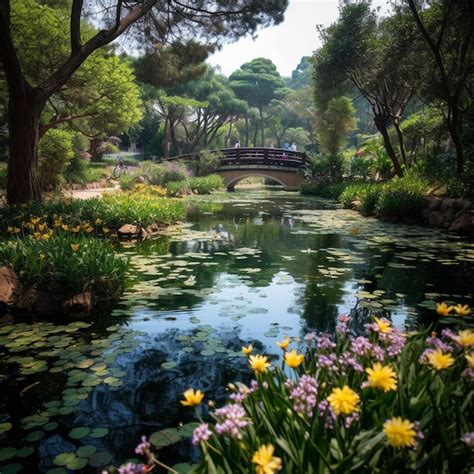 Un Puente Sobre Un Estanque Con Flores Y Un Puente Al Fondo Foto Premium