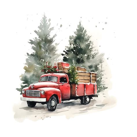 Premium AI Image | Christmas truck Vintage illustration Christmas red truck with a Christmas ...