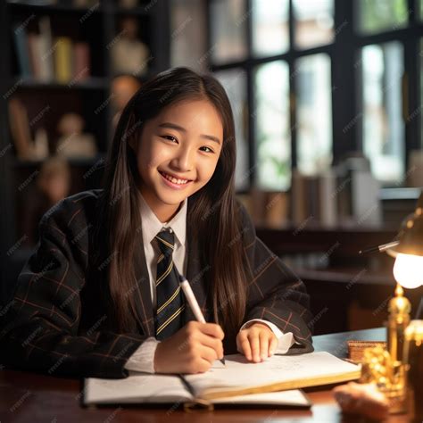 Premium Ai Image Academic Concept Smiling Junior Asian School Girl