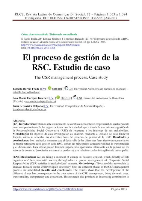 Pdf El Proceso De Gesti N De La Rsc Estudio De Caso