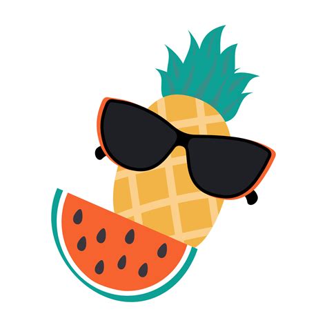 Summer Set Of Watermelon Slice And Pineapple In Dark Sunglasses In