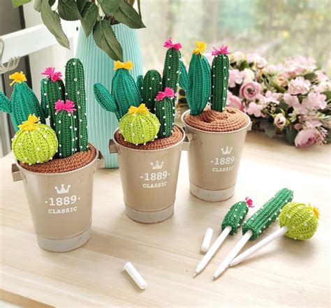 Crochet Cactus Pen Holder For Desk Cactus Mushrooms Included 3 Pens