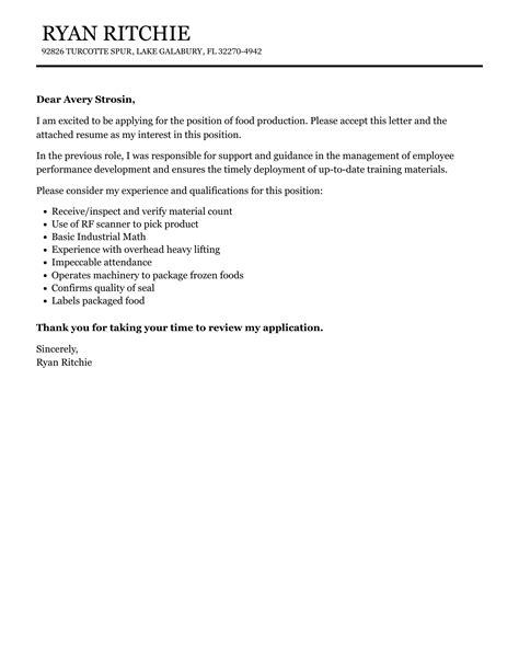 Food Production Cover Letter Velvet Jobs