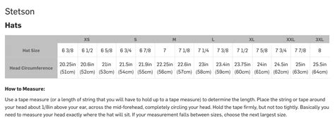 Stetson Size Chart | Saint Bernard