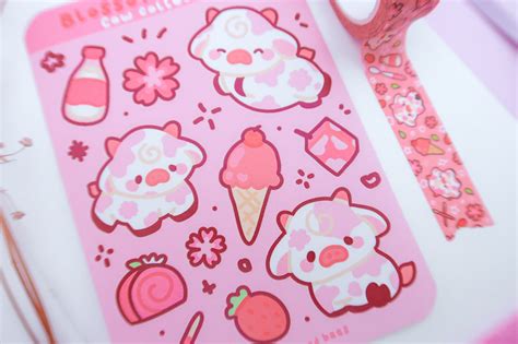 Sakura Blossom Cow Sticker Sheet Kawaii Cow Sticker Cute Etsy Uk