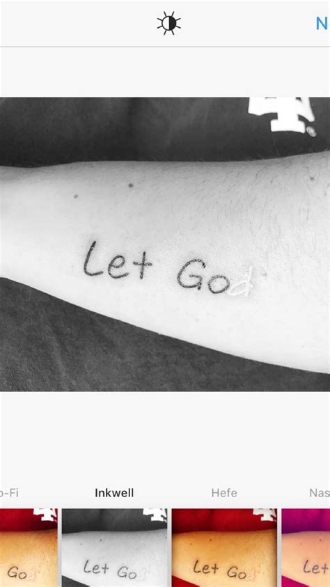 the words let go are shown in four different colors and font on the left arm