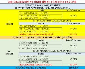 2023 2024 Eğitim ve Öğretim Yılı İş Günü ve Çalışma Takvimi