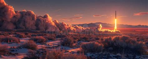 Dramatic Rocket Launch At Twilight With Fiery Clouds And Scenic Desert