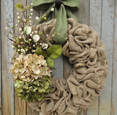 Hydrangea Wreath, Farmhouse Wreath, Burlap Hydrangea Wreath, Spring ...