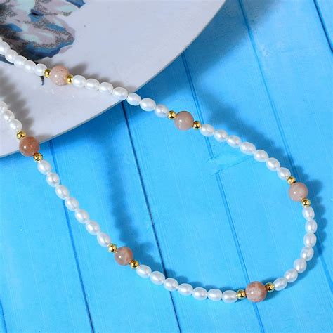 Genuine Freshwater Pearl Necklace Peach Moonstone Beads Necklace Beaded Pearl Jewelry Minimalist