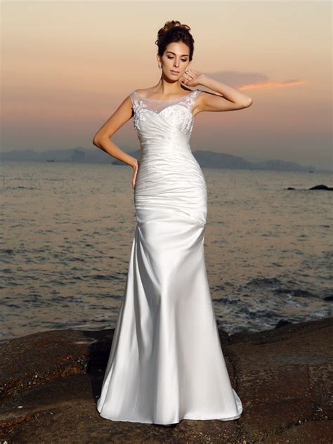 Trumpet Mermaid Scoop Beading Sleeveless Long Satin Beach Wedding