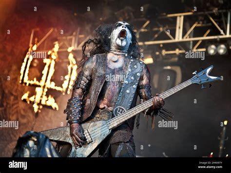 Pelle Forsberg of Watain live in concert at Bloodstock Festival, at Catton Hall in Derbyshire ...