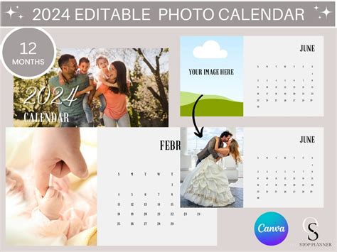 Editable Calendar 2024 Canva Template Frame Instant Download Monthly Calendar 2024 Diy Calendar