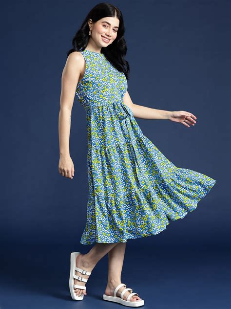 Buy Mast And Harbour Ditsy Floral Printed A Line Tiered Belted Midi Dress