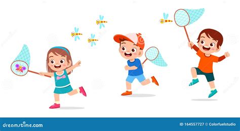 Happy Cute Kids Boy And Girl Catch Bug Stock Illustration