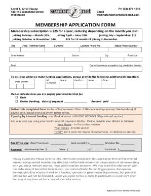 Fillable Online MEMBERSHIP APPLICATION FORM Wellington SeniorNet Fax