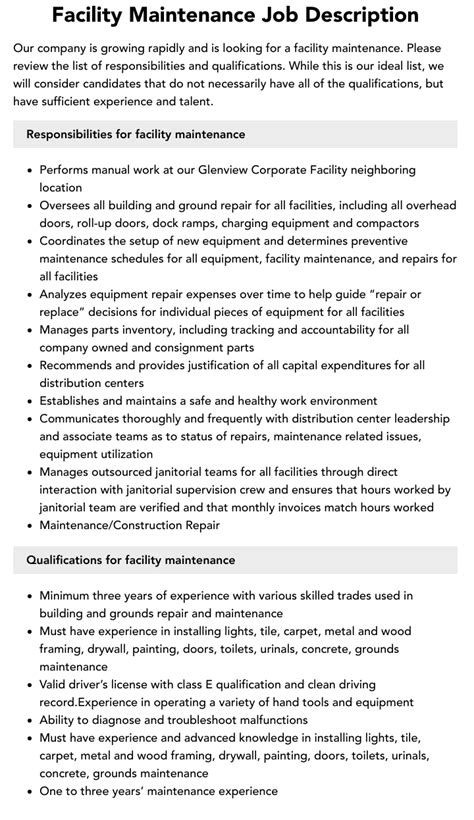 Facility Maintenance Job Description Velvet Jobs