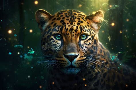 Leopard Portrait Close Up On Dark Background Neural Network AI