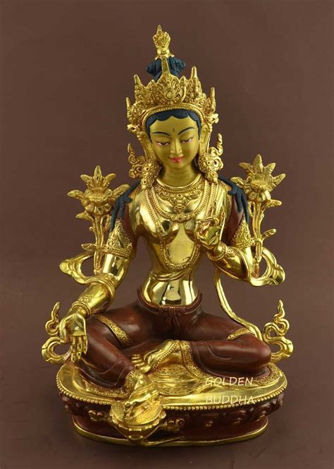 Tibetan Green Tara Statue 12.5", Fire Gilded 24K Gold Finish, Fine Details