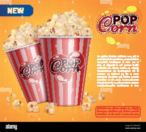 Classic popcorn movie theater snacks vector promotional background. Pop corn for cinema, bucket ...