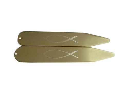 Gold Toned Etched Religious Ichthys Fish Collar Stays Collar Stays