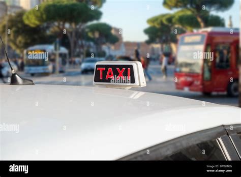 Public Transport Italy Rome White Taxi And Buses Italian Taxi Cab