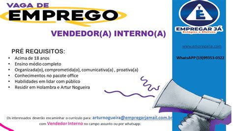 Empregar J Divulga Vaga Para Vendedor A Interno A