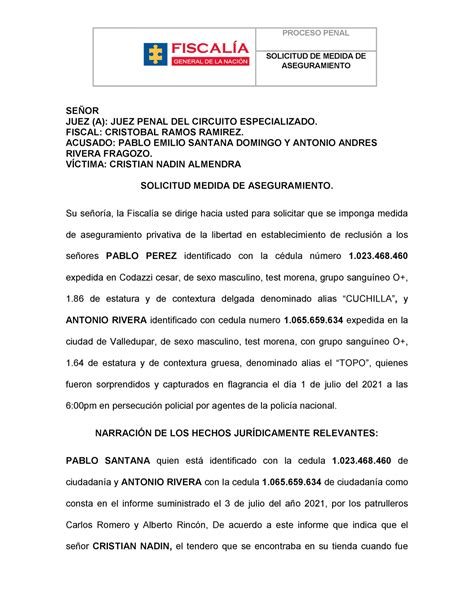 Solicitud Medida De Aseguramiento Sobre El Delito Solicitud De Medida