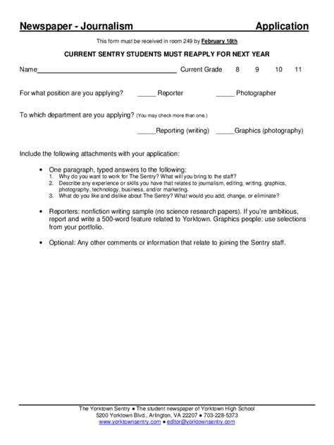 Fillable Online Yhs Apsva Newspaper Journalism Application Fax Email