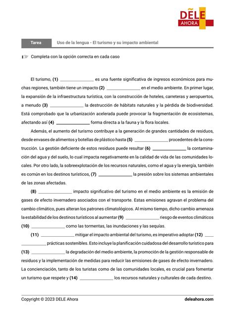 Uso de la lengua El turismo y su impacto ambiental Comprensión de