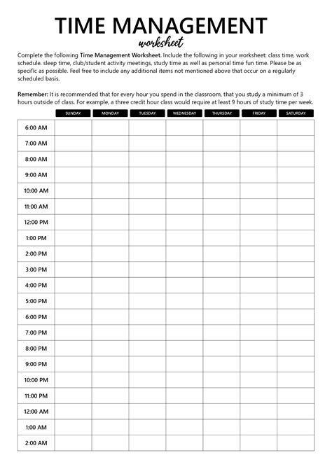 Time Management Schedule Worksheets