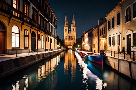 Um barco está atracado em frente a uma igreja à noite Foto Premium