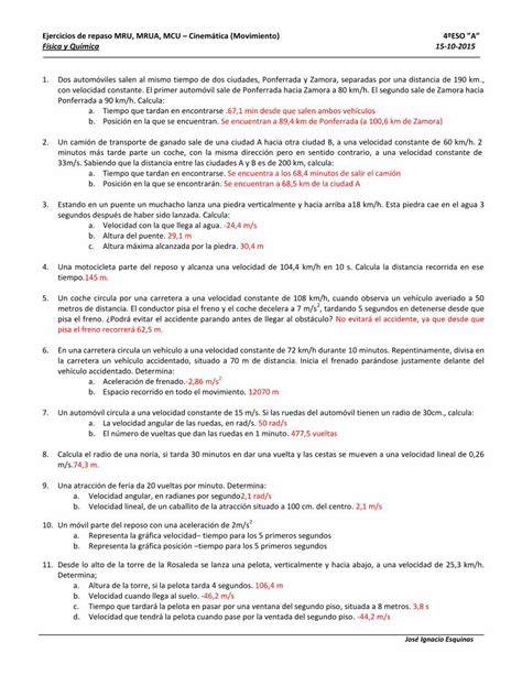 PDF Ejercicios de repaso MRU MRUA MCU Cinemática PDF