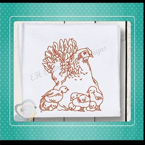 Rooster And Chicken Redwork Machine Embroidery Design Vintage Instant