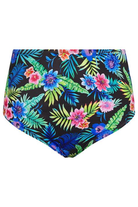 YOURS Plus Size Black Tropical Floral Print High Waisted Bikini Briefs Yours Clothing