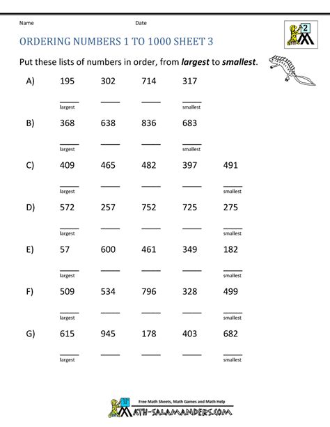 Ordering Numbers Worksheets Up To 1000