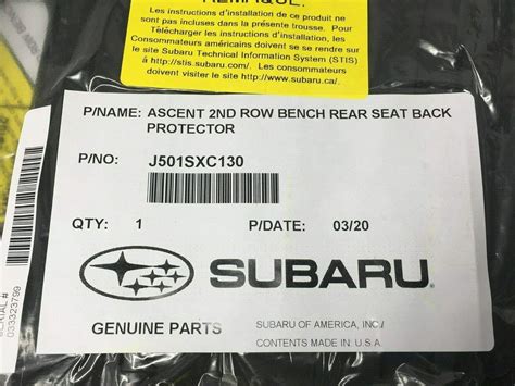 Subaru 2019 2020 2021 2022 2023 2024 Subaru Ascent Rear 2nd Row Seat Back Protector