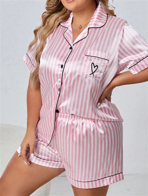 Plus Striped Contrast Piping Satin PJ Set SHEIN USA